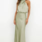 Vireous Summer Silk Satin Sleeveless Long Dress, Draped Bodice