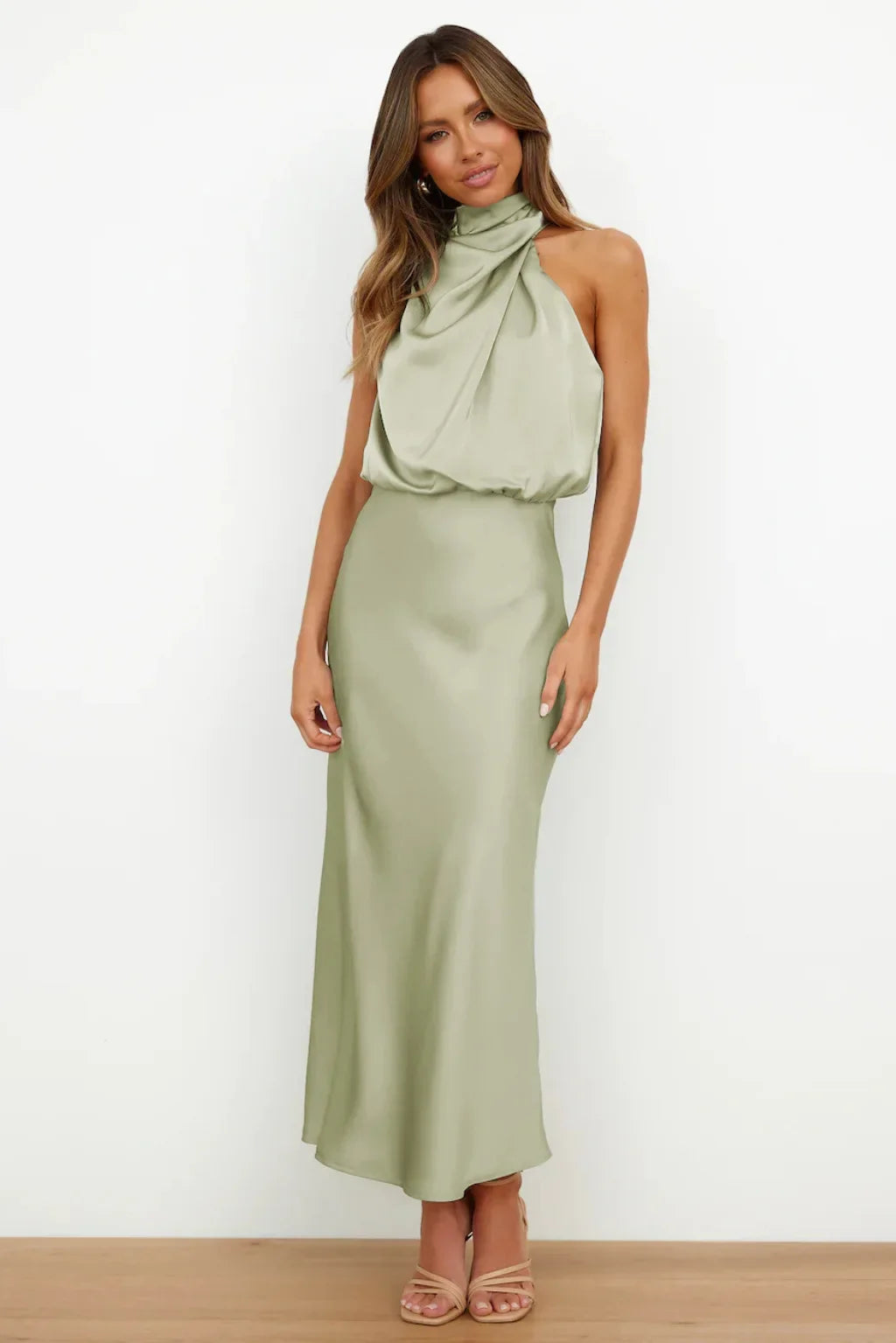 Vireous Summer Silk Satin Sleeveless Long Dress, Draped Bodice
