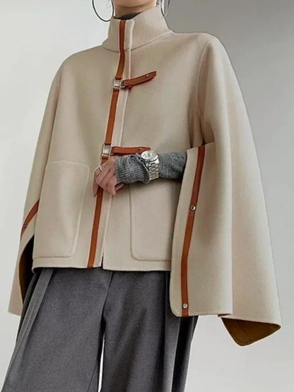 Vireous Cape Jacket Cap-Sleeves Urban Wear with Leather Buckles