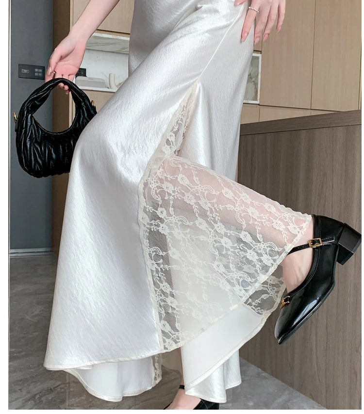 Vireous Satin Women's Long Skirt, Side Lace Patchwork