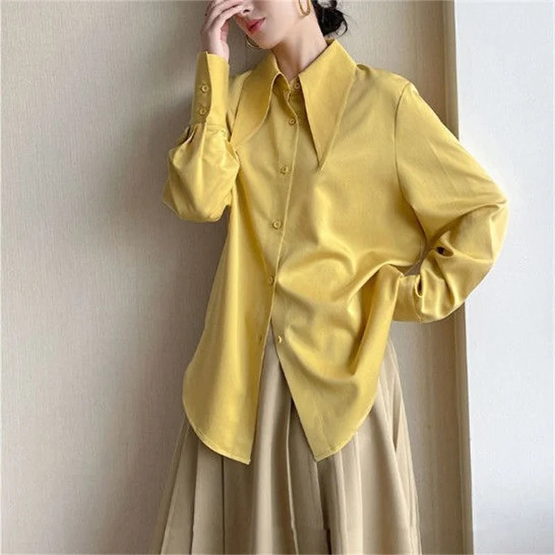 Vireous Long-Sleeve Peter Pan-Collar Blouse, Spring and Autumn Style