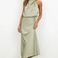 Vireous Summer Silk Satin Sleeveless Long Dress, Draped Bodice