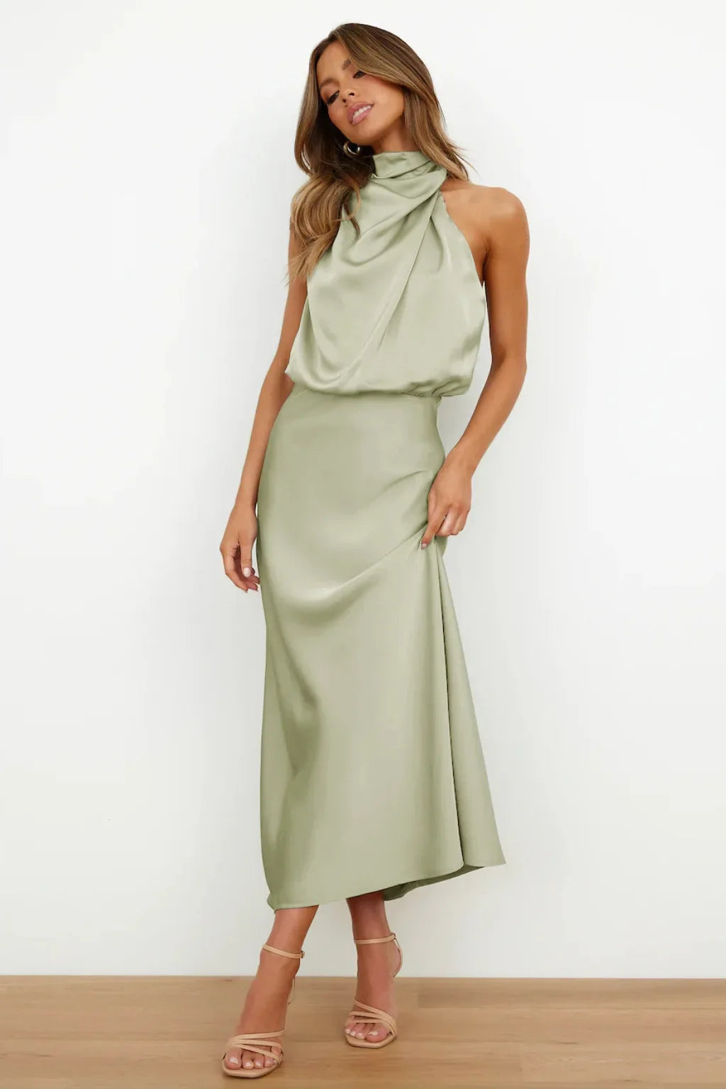 Vireous Summer Silk Satin Sleeveless Long Dress, Draped Bodice