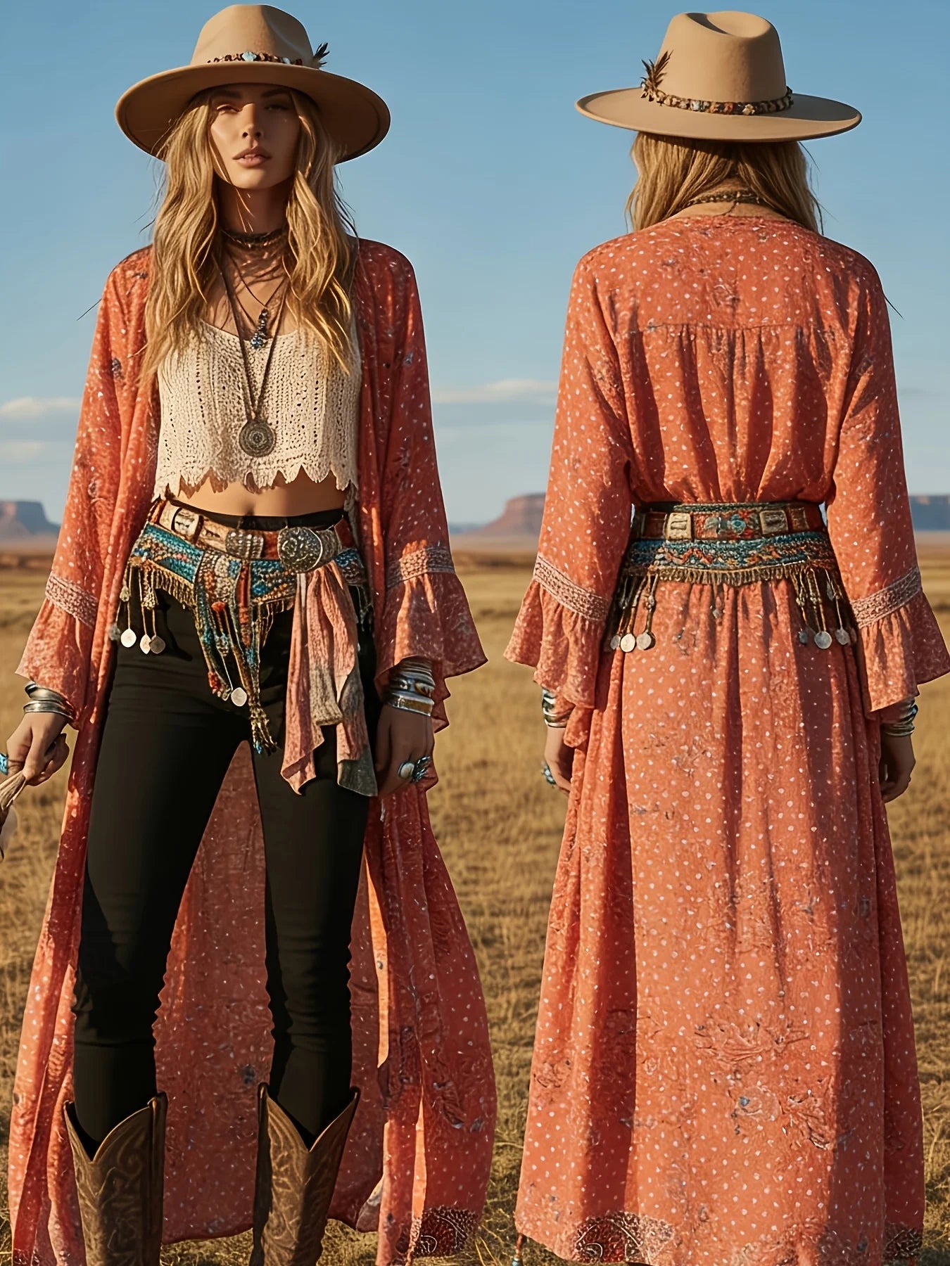 Vireous Women's Boho All-Over Pattern Long Hippy Chic Cardigan