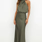 Vireous Summer Silk Satin Sleeveless Long Dress, Draped Bodice