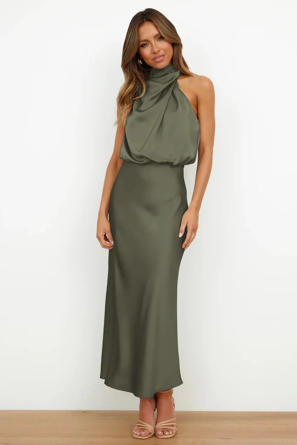 Vireous Summer Silk Satin Sleeveless Long Dress, Draped Bodice