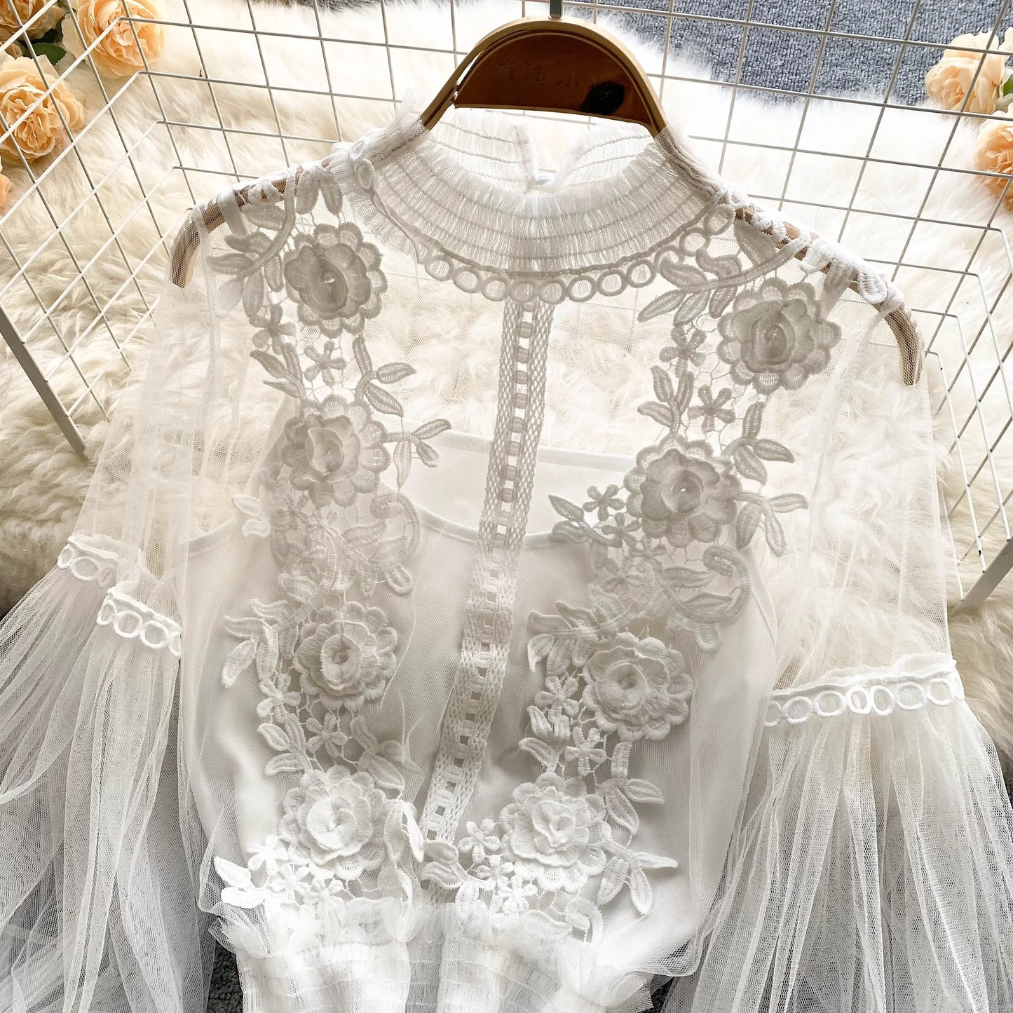 Lace See-Through Puff-Sleeve Vintage Fashion Blouse