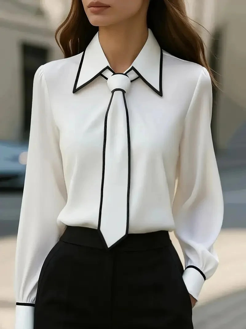 Vireous Women's Fashion Tie and Lapel Contrast-Colour Business Shirt