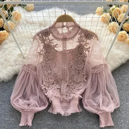 Lace See-Through Puff-Sleeve Vintage Fashion Blouse
