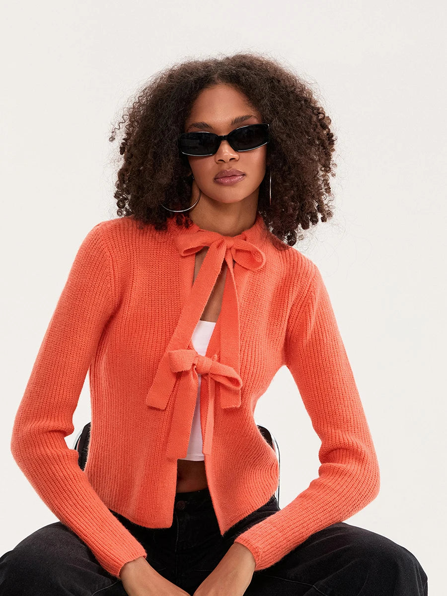 Bow Tied Front Knitted Women's Cardigan, Multi Colours