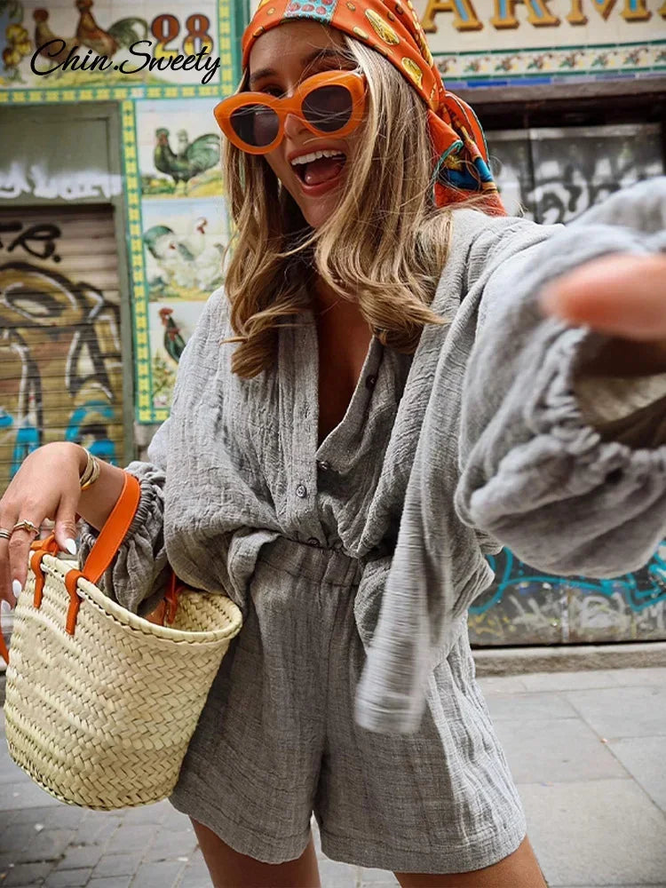 Cotton Linen Women's Two-Piece Summer Shorts Set, Plus Sizes