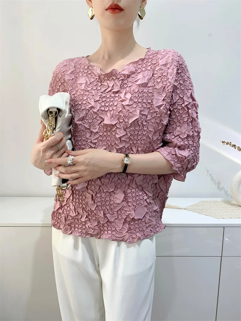 Miyake Embroidered Hand-Pleated Women's Round-Neck Top