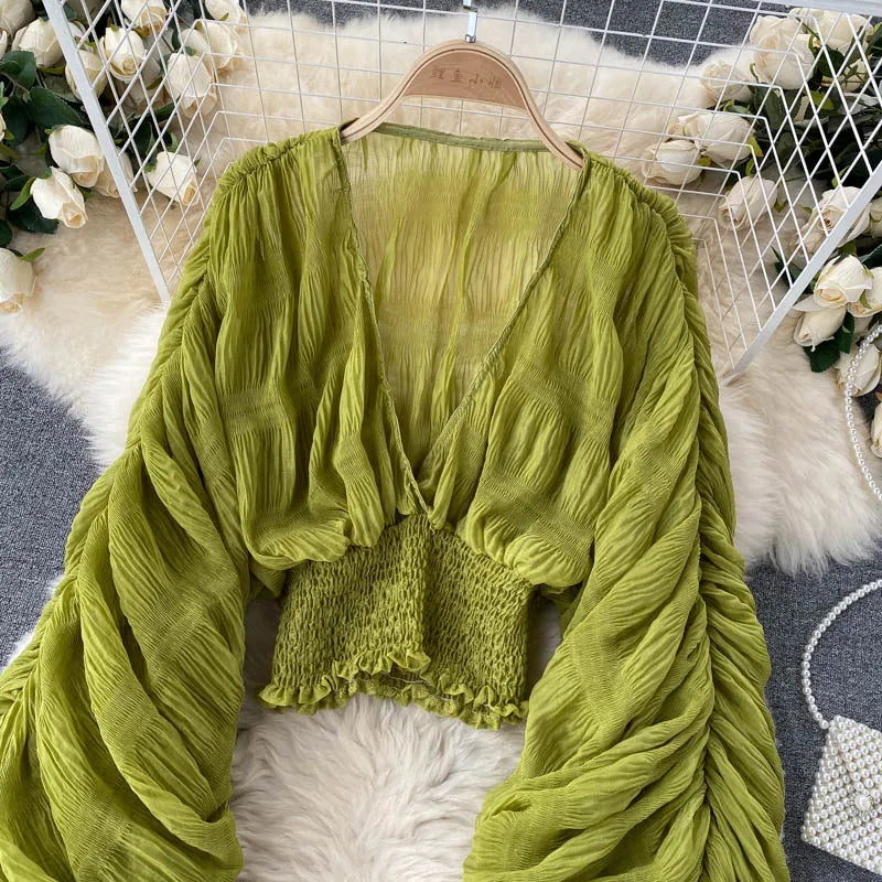 Vireous Women's Sexy Chiffon Sheer Short Blouse