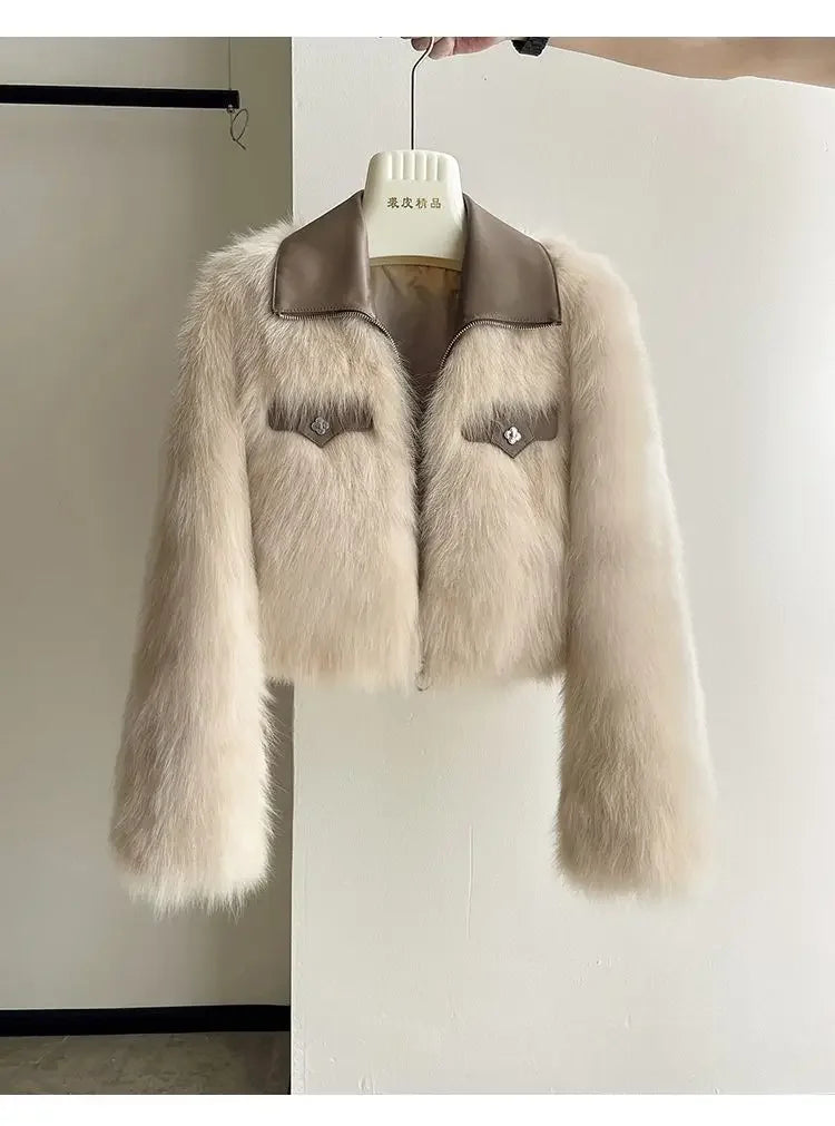 Vireous Polo Collar Women's Faux Fur Bomber Jacket, Spring and Autumn Collection