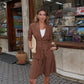 Cotton Linen Women's Belted Businesswear, Coffee Jacket and Shorts Two-Piece