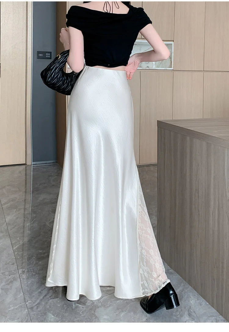 Vireous Satin Women's Long Skirt, Side Lace Patchwork