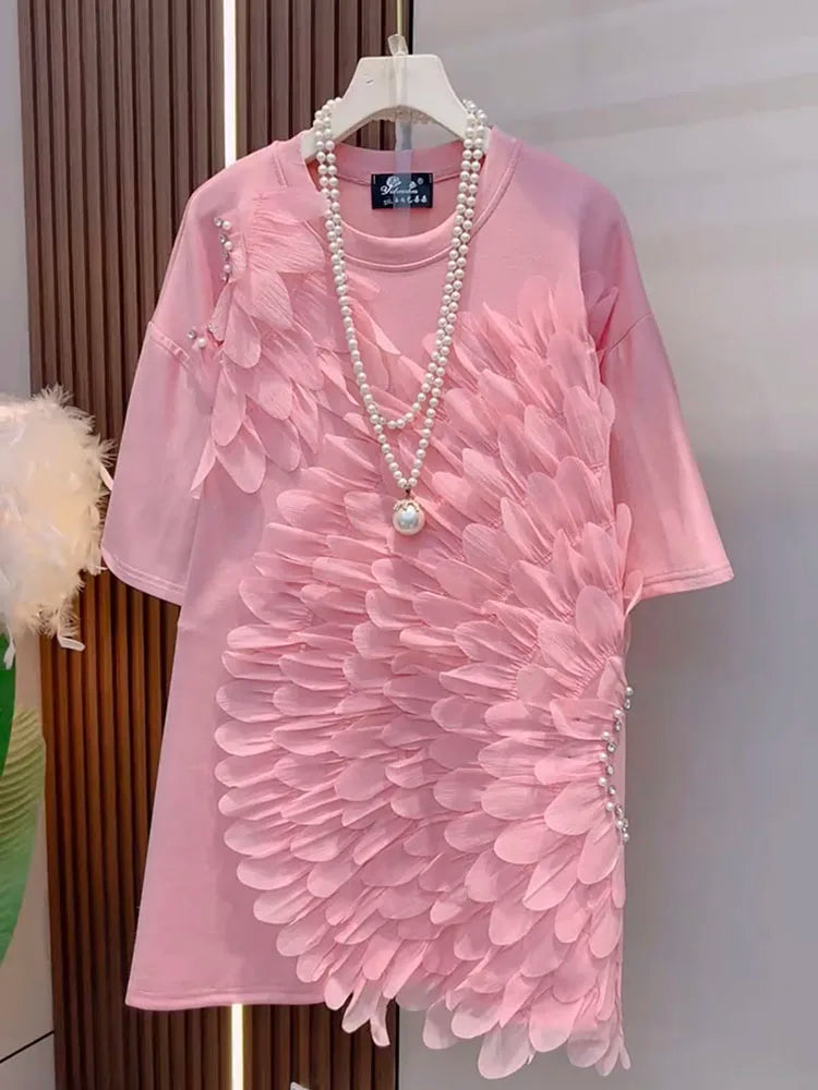 Loose Summer Glam Feather Short-Sleeve Women's Short Dress