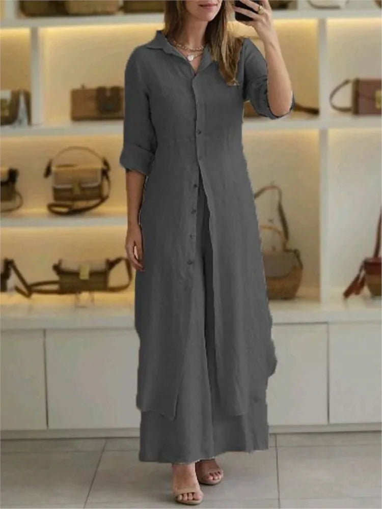 Elegant Lapel Single-Breasted Long Shirt and Wide-Leg Pants Suit