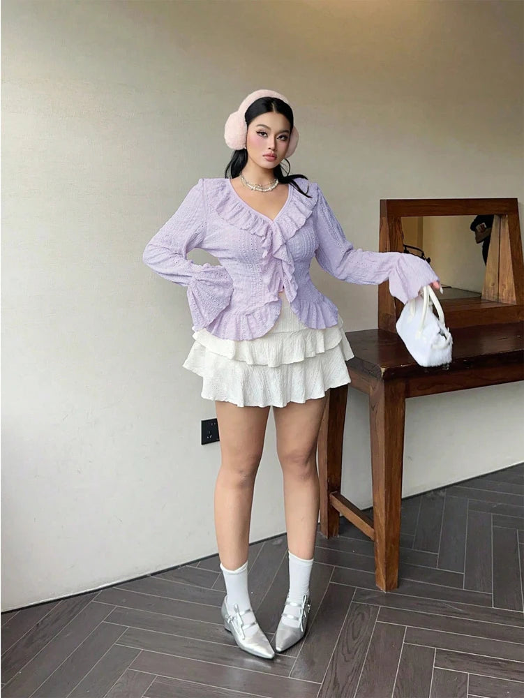 Vireous Elegant French Ruffle Flared-Sleeve Blouse, Plus Sizes