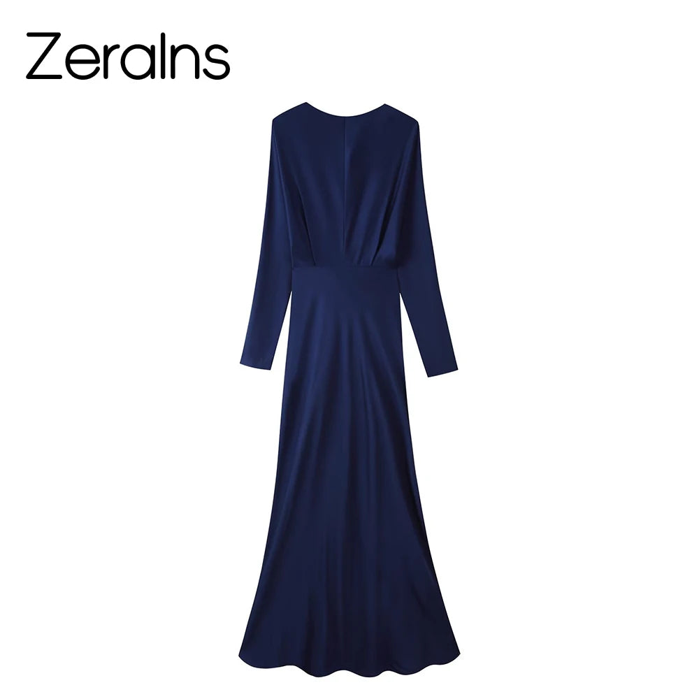 Elegant Round-Neck Silky Satin Long Dress in Navy