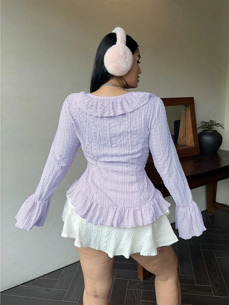 Vireous Elegant French Ruffle Flared-Sleeve Blouse, Plus Sizes