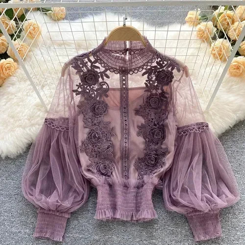 Lace See-Through Puff-Sleeve Vintage Fashion Blouse