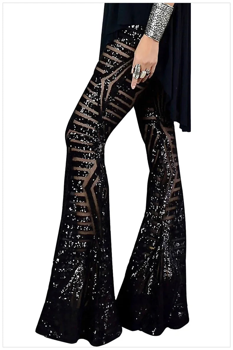 Vireous Women's Sparkling Sequin Slacks, Loose Mid-Waist Trousers