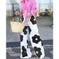 Vireous Loose Wide-Leg Contrast Colour Floral-Printed Casual Pants