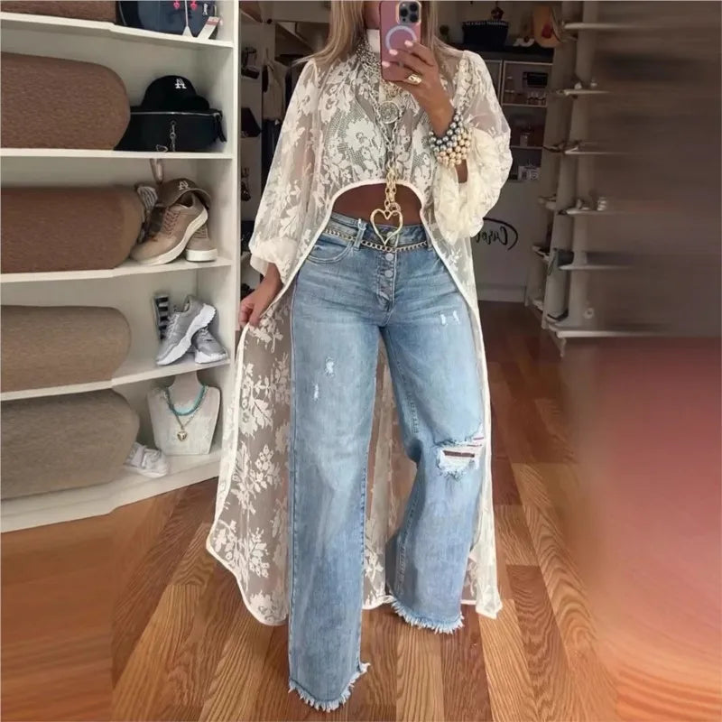 Vireous Lace Floral Extra-Long Shirt Top, High Neck Overwear