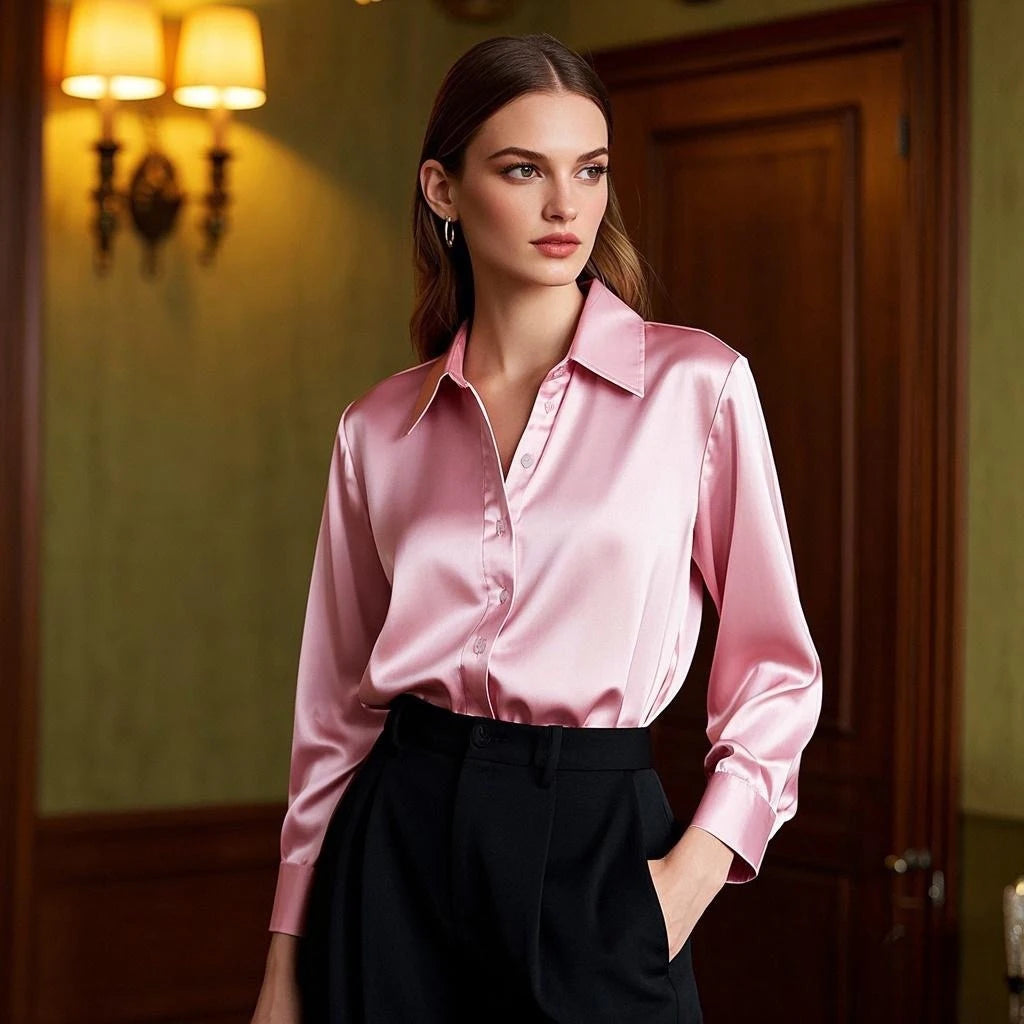 Vireous Luxury Soft Satin Women's Classic Shirt, Block Colours