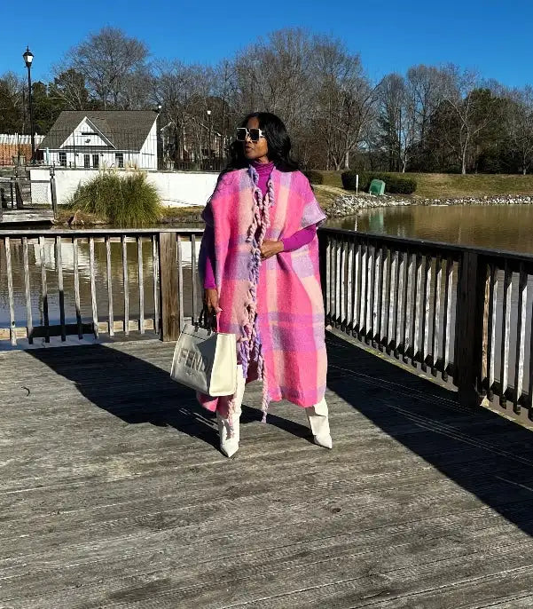 Pink Fashion Open-Front Fuzzy Long Cardigan, Plus Sizes