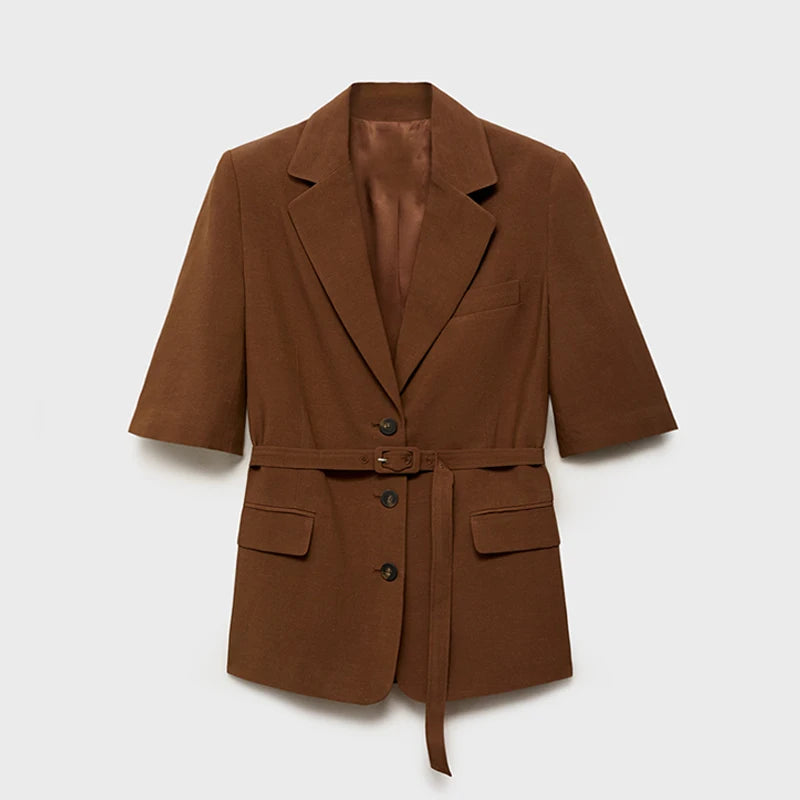 Cotton Linen Women's Belted Businesswear, Coffee Jacket and Shorts Two-Piece