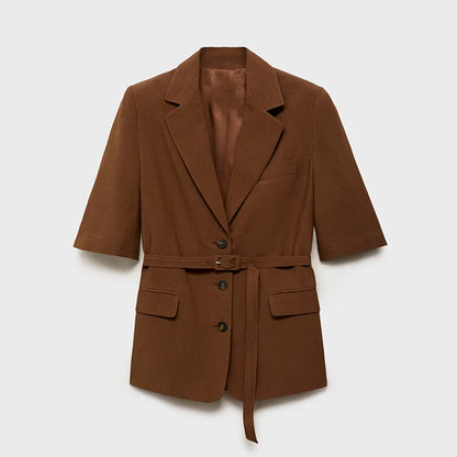 Cotton Linen Women's Belted Businesswear, Coffee Jacket and Shorts Two-Piece