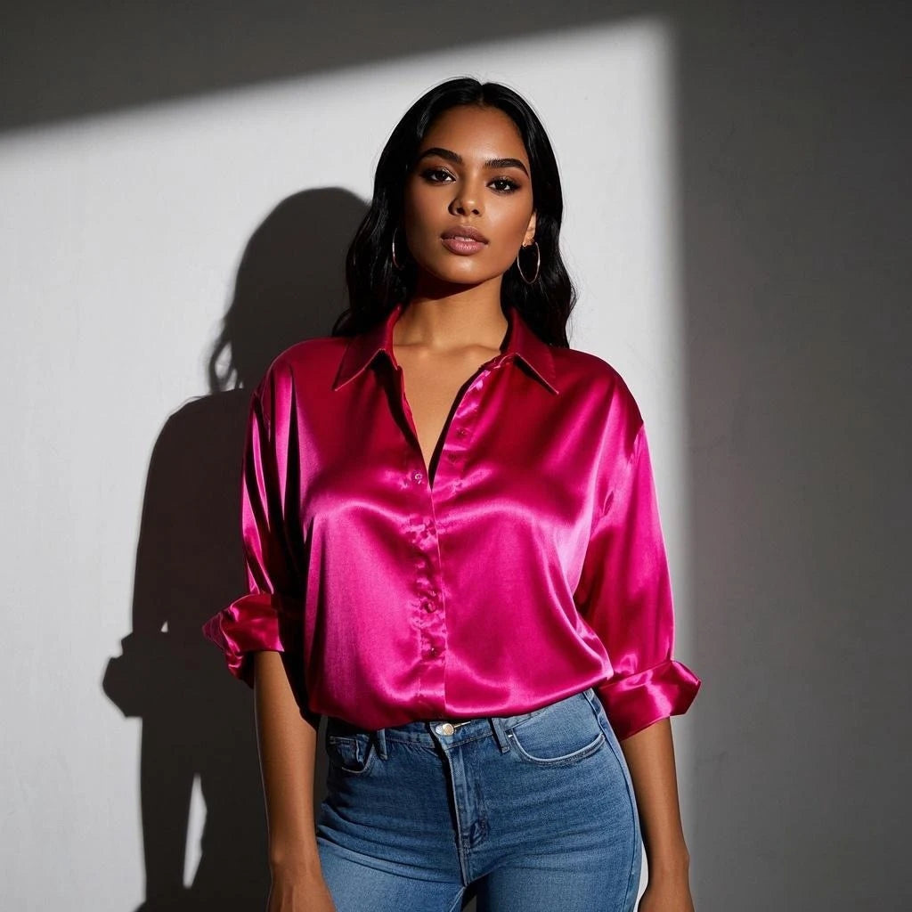 Vireous Luxury Soft Satin Women's Classic Shirt, Block Colours