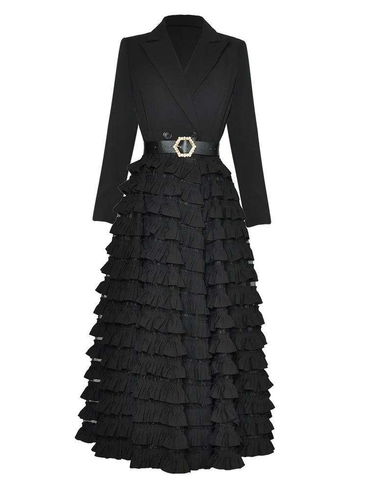 Vireous Black Suit-Collar Tiered Maxi Dress, Winter Catwalk Collection