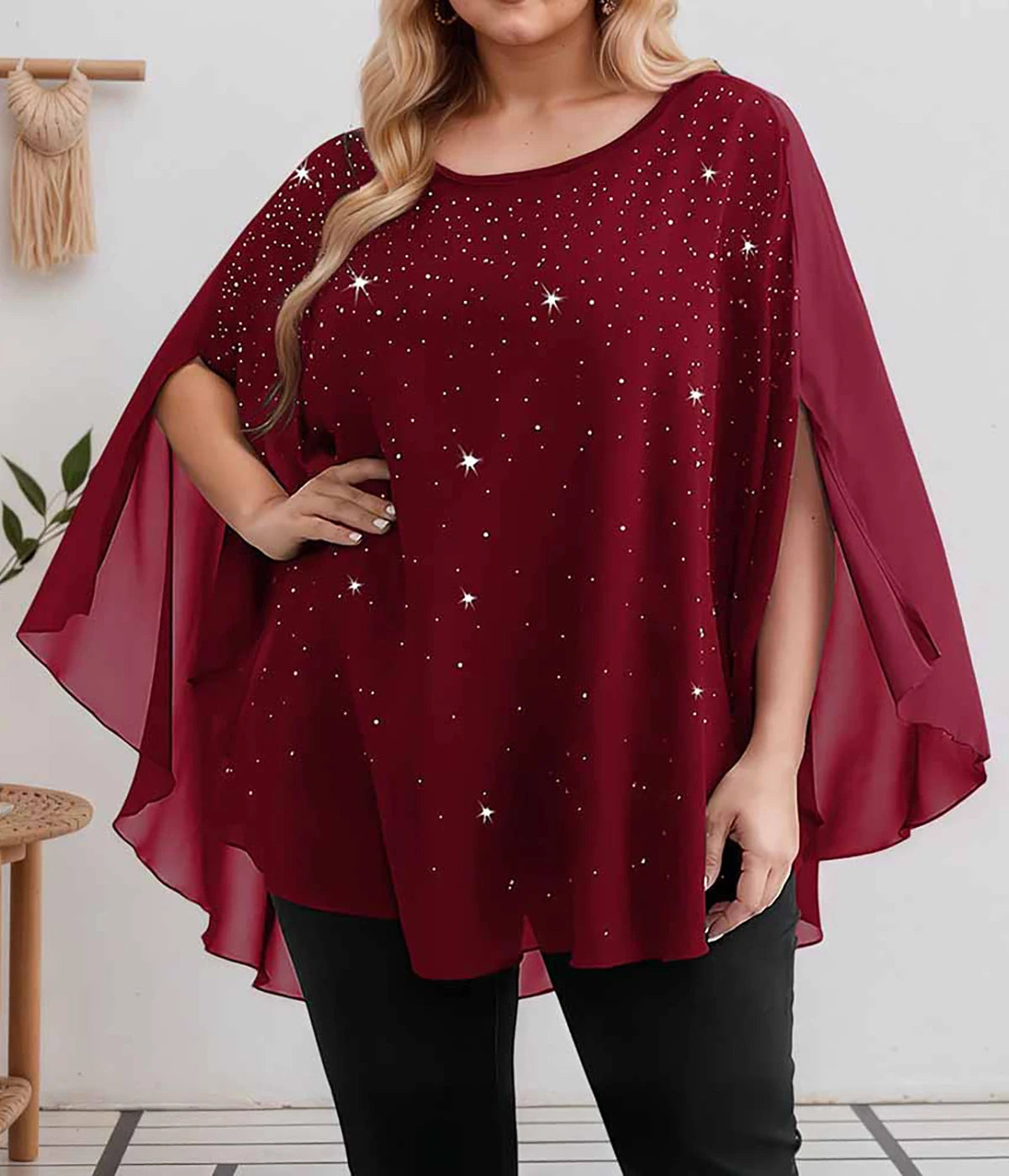 Women's Lightweight Sparkling Split-Sleeve Over-Size Blouse, Plus Sizes