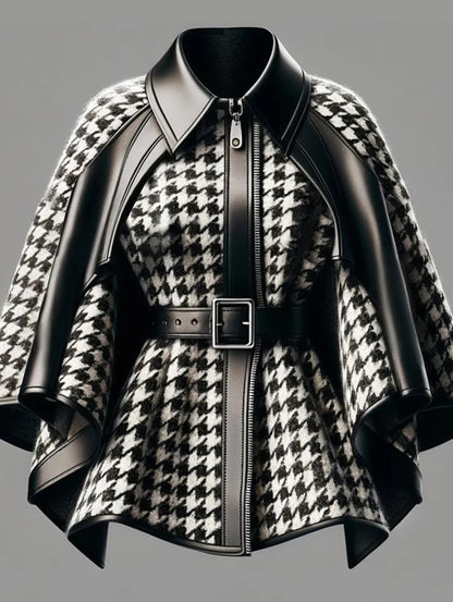 Faux Leather Collar Houndstooth Pattern Women's Jacket, Cape Sleeves
