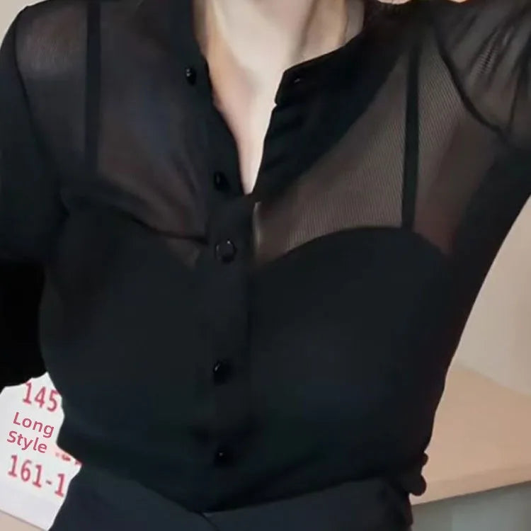 Vireous Black Mesh Slim-Fit Long Sleeve Women's Shirt