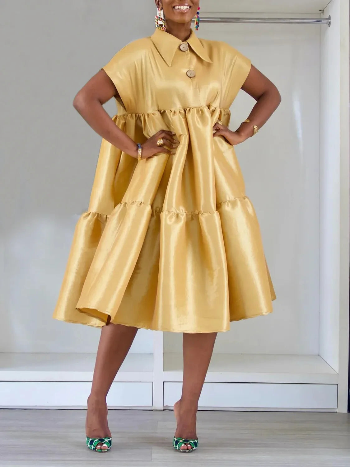Plus-Size Women's Gold Satin Turn-Down Collar Casual Elegant Dress