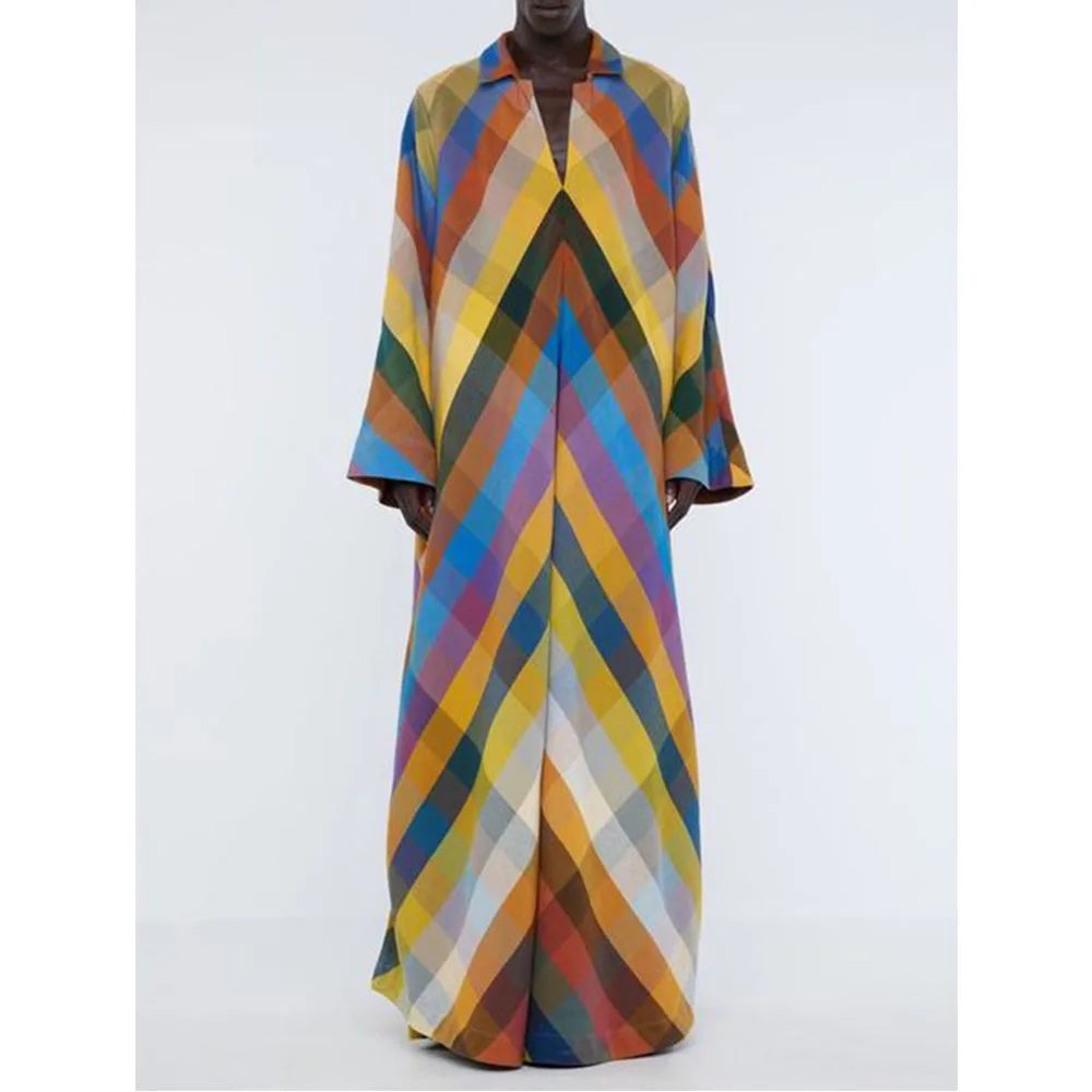 Vireous Long Sleeves Loose Geometric-Print Split-Side Maxi Dress