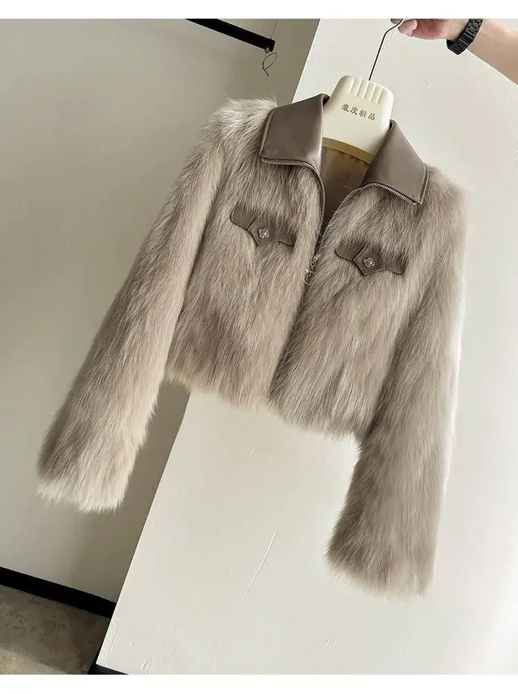 Vireous Polo Collar Women's Faux Fur Bomber Jacket, Spring and Autumn Collection