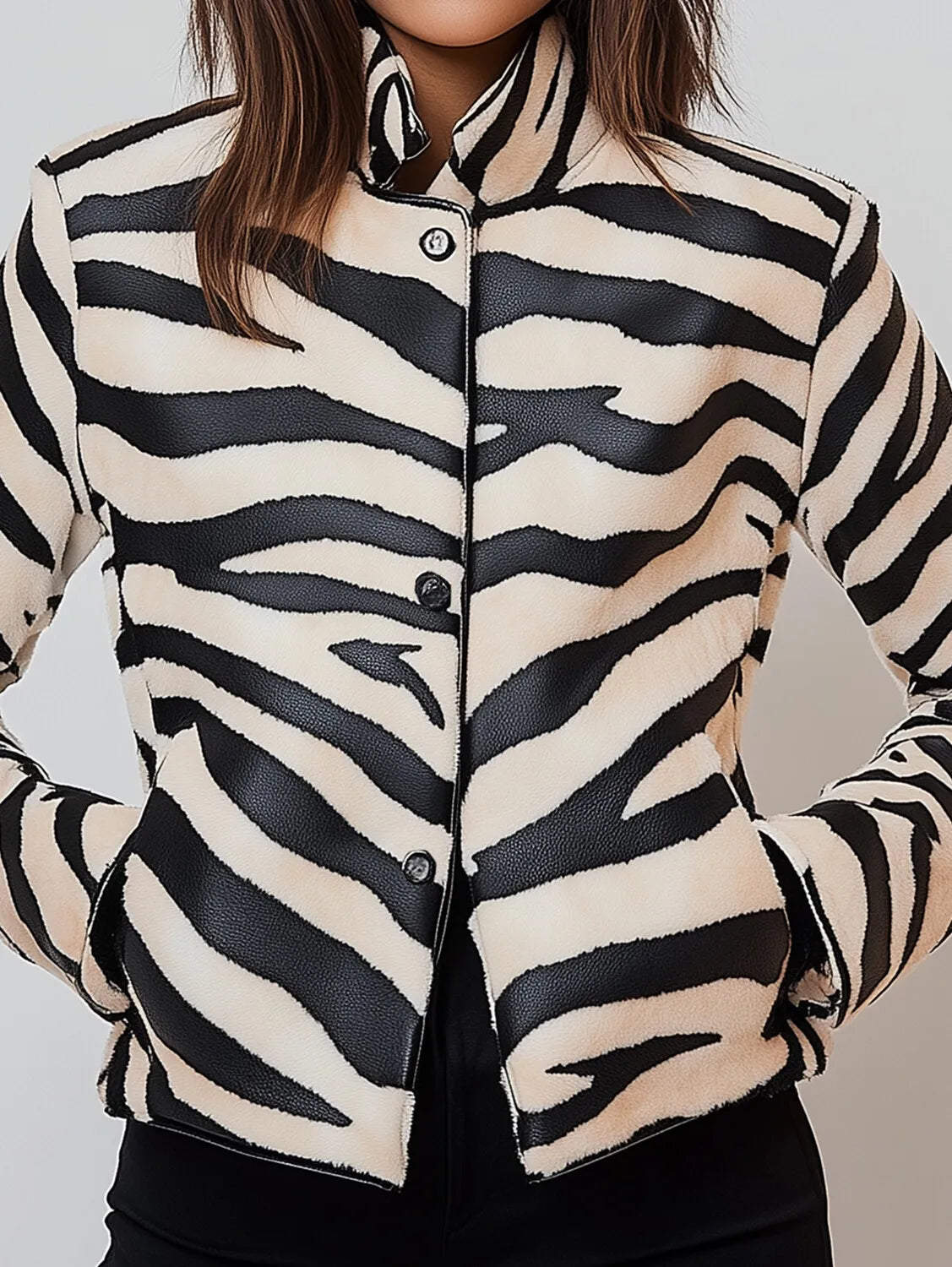 Vireous Women's Faux Leather Zebra Stripes Jacket, Spring and Autumn Collection