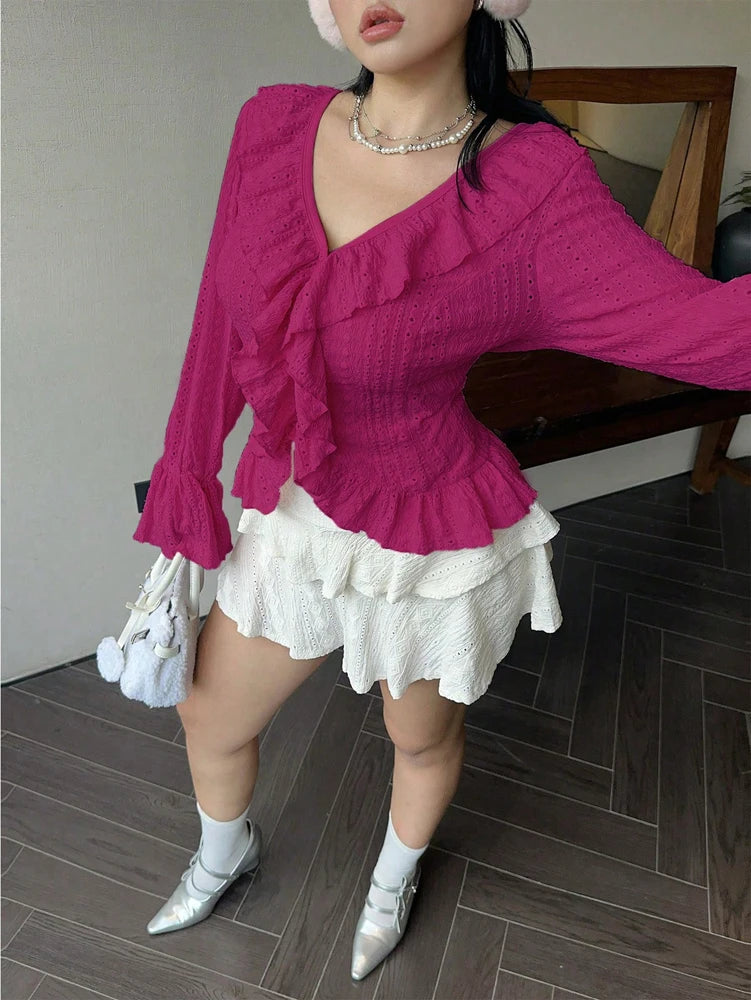 Vireous Elegant French Ruffle Flared-Sleeve Blouse, Plus Sizes