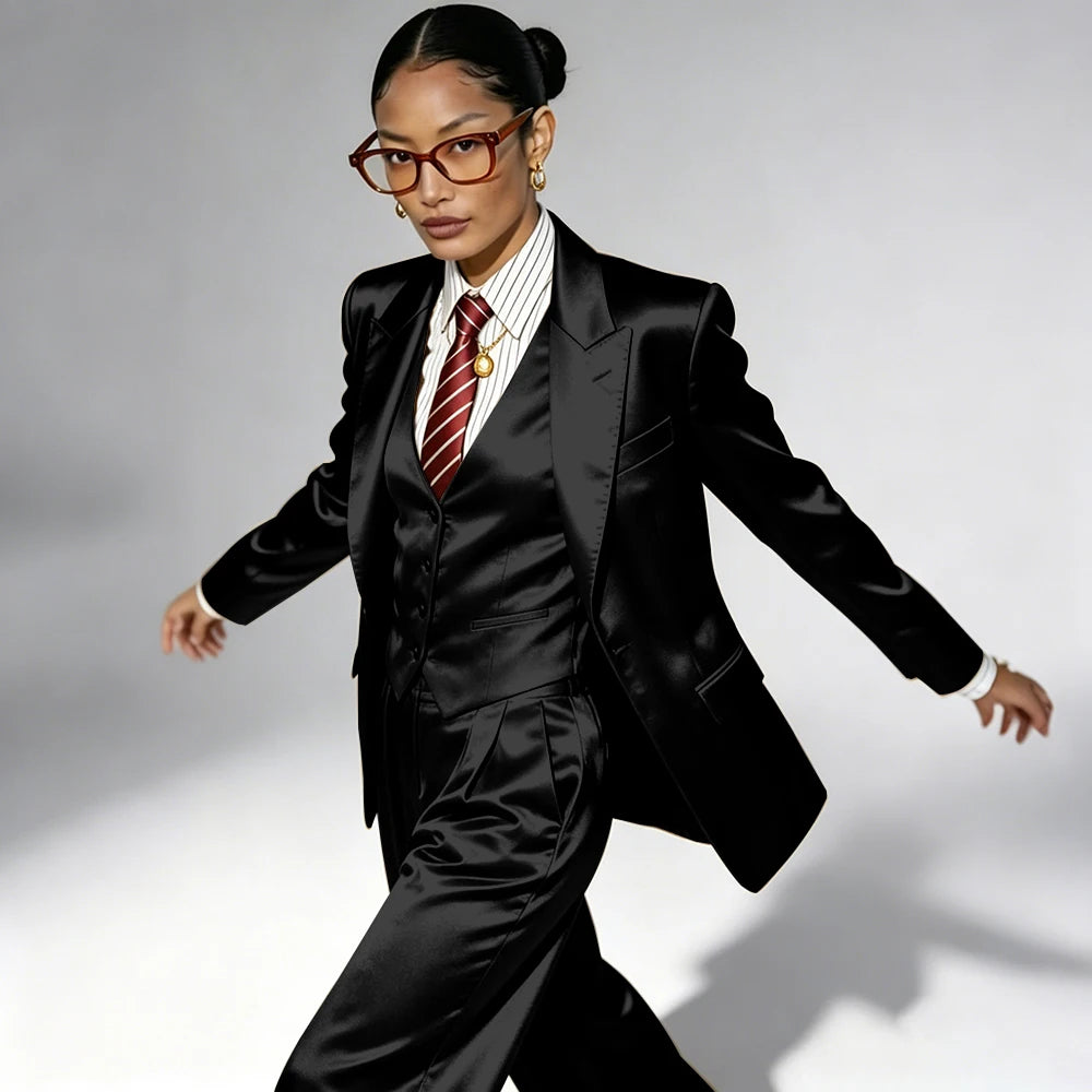 Professional Performance Wear Women's Tuxedo, Gold Satin Three-Piece Suit, Night Wear