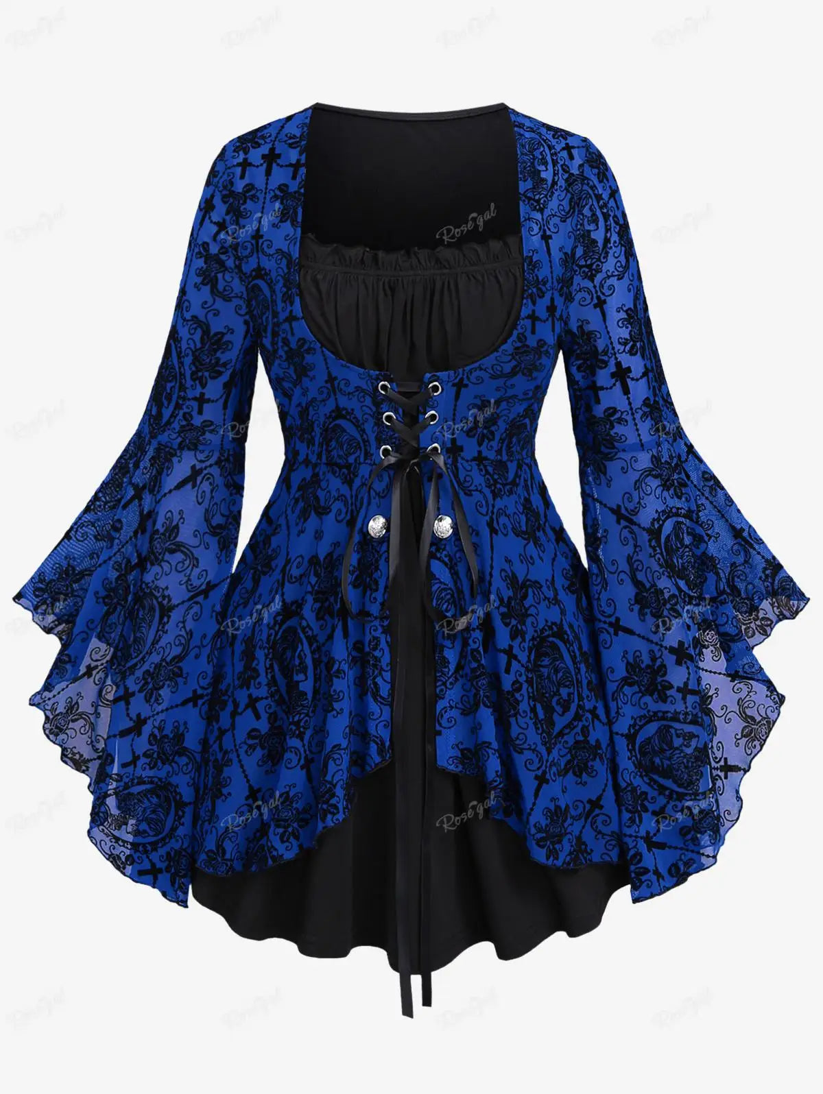 Gothic Bell Sleeves Organza Mesh Lace-Up Blouse, Plus Sizes
