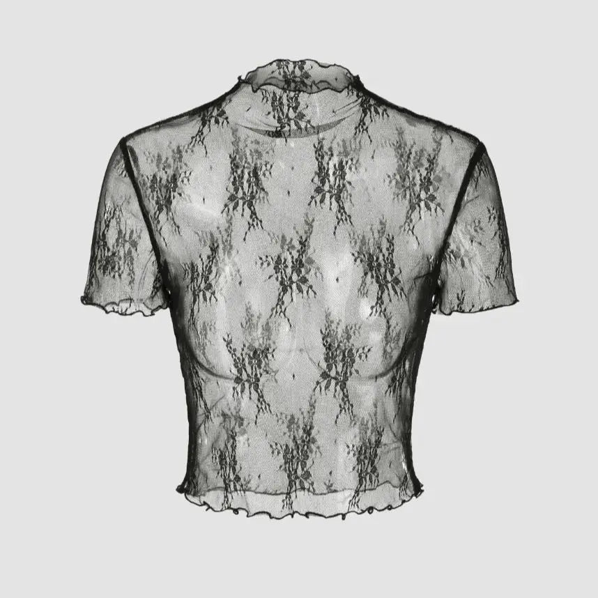 Dark Cross Black Lace Top with Elastic Mesh, Layering Short Sleeves