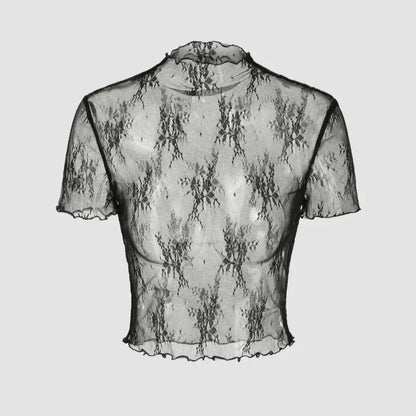 Dark Cross Black Lace Top with Elastic Mesh, Layering Short Sleeves