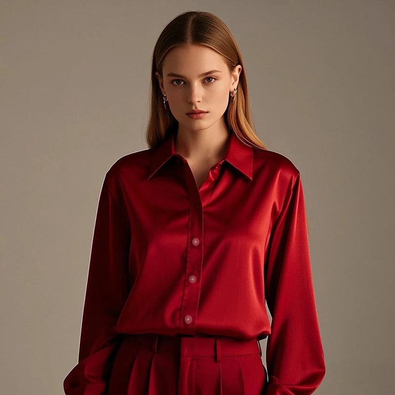 Vireous Luxury Soft Satin Women's Classic Shirt, Block Colours