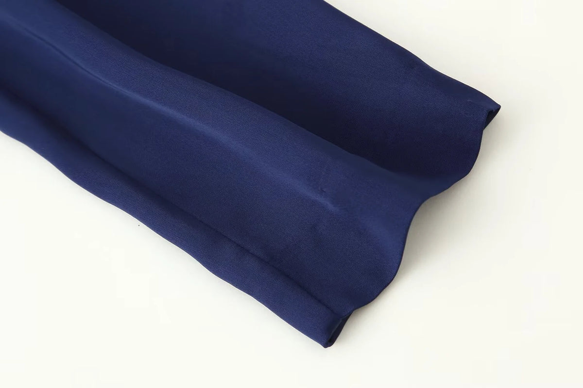 Elegant Round-Neck Silky Satin Long Dress in Navy