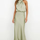 Vireous Summer Silk Satin Sleeveless Long Dress, Draped Bodice
